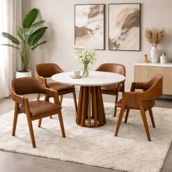 Mesa De Jantar Berlim 100cm Redonda Com Vidro E 4 Cadeiras Perola Em Corino Madeira Cel Moveis 28892