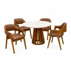 Mesa De Jantar Berlim 100cm Redonda Com Vidro E 4 Cadeiras Perola Em Corino Madeira Cel Moveis Cinamomo Off White Com Tecido Marrom 66956