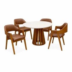 Mesa De Jantar Berlim 100cm Redonda Com Vidro E 4 Cadeiras Perola Em Corino Madeira Cel Moveis Cinamomo Off White Com Tecido Marrom 66956