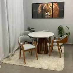 Mesa De Jantar Berlim 100cm Redonda Com Vidro E 4 Cadeiras Perola Em Linho Madeira Cel Moveis 58615