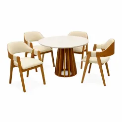 Mesa De Jantar Berlim 100cm Redonda Com Vidro E 4 Cadeiras Perola Em Linho Madeira Cel Moveis Cinamomo Off White Com Tecido Bege 18828