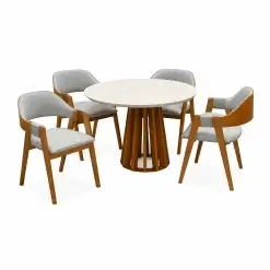 Mesa De Jantar Berlim 100cm Redonda Com Vidro E 4 Cadeiras Perola Em Linho Madeira Cel Moveis Cinamomo Off White Com Tecido Cinza 54696