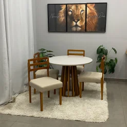 Mesa De Jantar Berlim 100cm Redonda Com Vidro E 4 Cadeiras Turquia Em Linho Madeira Cel Moveis 31542