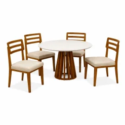 Mesa De Jantar Berlim 100cm Redonda Com Vidro E 4 Cadeiras Turquia Em Linho Madeira Cel Moveis Cinamomo Off White Com Tecido Bege 70179