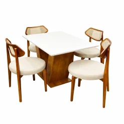 Mesa De Jantar Classic 120x80cm Com Vidro E 4 Cadeiras Athenas Em Linho Madeira Cel Moveis Cinamomo Off White Com Tecido Bege 11889
