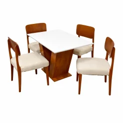 Mesa De Jantar Classic 120x80cm Com Vidro E 4 Cadeiras Barcelona Em Linho Madeira Cel Moveis Cinamomo Off White Com Tecido Bege 67397