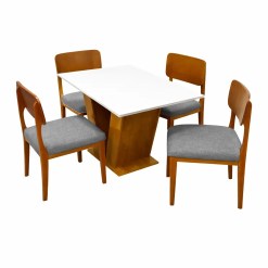 Mesa De Jantar Classic 120x80cm Com Vidro E 4 Cadeiras Barcelona Em Linho Madeira Cel Moveis Cinamomo Off White Com Tecido Cinza 62506