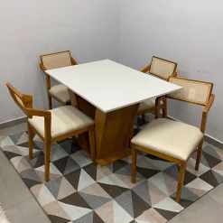 Mesa De Jantar Classic 120x80cm Com Vidro E 4 Cadeiras Berlim Hr Em Linho Madeira Cel Moveis 38723