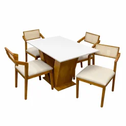 Mesa De Jantar Classic 120x80cm Com Vidro E 4 Cadeiras Berlim Hr Em Linho Madeira Cel Moveis Cinamomo Off White Com Tecido Bege 49146