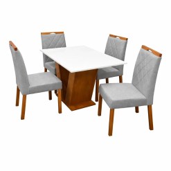 Mesa De Jantar Classic 120x80cm Com Vidro E 4 Cadeiras California Em Linho Estofadas Cel Moveis Cinamomo Off White Com Tecido Cinza 47826