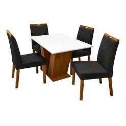 Mesa De Jantar Classic 120x80cm Com Vidro E 4 Cadeiras California Em Veludo Estofadas Cel Moveis Cinamomo Off White Com Tecido Preto 47334