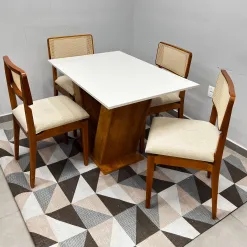 Mesa De Jantar Classic 120x80cm Com Vidro E 4 Cadeiras Canada Em Linho Madeira Cel Moveis 69346