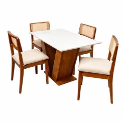 Mesa De Jantar Classic 120x80cm Com Vidro E 4 Cadeiras Canada Em Linho Madeira Cel Moveis Cinamomo Off White Com Tecido Bege 54772