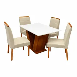 Mesa De Jantar Classic 120x80cm Com Vidro E 4 Cadeiras Giulia Em Veludo Estofadas Cel Moveis Cinamomo Off White Com Tecido Bege 92501