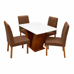 Mesa De Jantar Classic 120x80cm Com Vidro E 4 Cadeiras Giulia Em Veludo Estofadas Cel Moveis Cinamomo Off White Com Tecido Marrom 21989