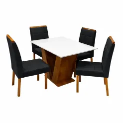 Mesa De Jantar Classic 120x80cm Com Vidro E 4 Cadeiras Giulia Em Veludo Estofadas Cel Moveis Cinamomo Off White Com Tecido Preto 22327