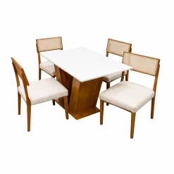 Mesa De Jantar Classic 120x80cm Com Vidro E 4 Cadeiras Grecia Em Linho Madeira Cel Moveis Cinamomo Off White Com Tecido Bege 50968