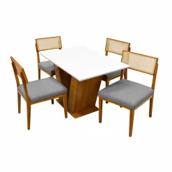 Mesa De Jantar Classic 120x80cm Com Vidro E 4 Cadeiras Grecia Em Linho Madeira Cel Moveis Cinamomo Off White Com Tecido Cinza 73031
