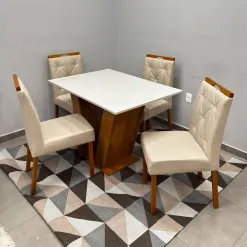 Mesa De Jantar Classic 120x80cm Com Vidro E 4 Cadeiras Jasmim Em Linho Estofadas Cel Moveis 95399