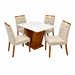 Mesa De Jantar Classic 120x80cm Com Vidro E 4 Cadeiras Jasmim Em Linho Estofadas Cel Moveis Cinamomo Off White Com Tecido Bege 82508