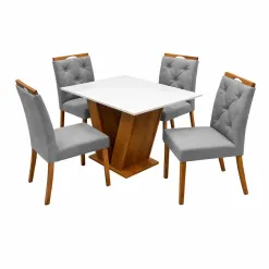 Mesa De Jantar Classic 120x80cm Com Vidro E 4 Cadeiras Jasmim Em Linho Estofadas Cel Moveis Cinamomo Off White Com Tecido Cinza 78550