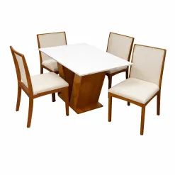 Mesa De Jantar Classic 120x80cm Com Vidro E 4 Cadeiras Lara Kappesberg Em Linho Madeira Cel Moveis Cinamomo Off White Com Tecido Bege 33729