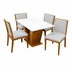 Mesa De Jantar Classic 120x80cm Com Vidro E 4 Cadeiras Lara Kappesberg Em Linho Madeira Cel Moveis Cinamomo Off White Com Tecido Cinza 48398