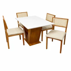 Mesa De Jantar Classic 120x80cm Com Vidro E 4 Cadeiras Monalisa Em Linho Madeira Cel Moveis Cinamomo Off White Com Tecido Bege 18776