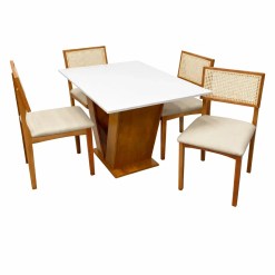 Mesa De Jantar Classic 120x80cm Com Vidro E 4 Cadeiras Monalisa Em Linho Madeira Cel Moveis Cinamomo Off White Com Tecido Bege 18776