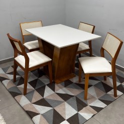 Mesa De Jantar Classic 120x80cm Com Vidro E 4 Cadeiras Oiti Em Linho Madeira Cel Moveis 90764