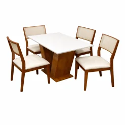 Mesa De Jantar Classic 120x80cm Com Vidro E 4 Cadeiras Oiti Em Linho Madeira Cel Moveis Cinamomo Off White Com Tecido Bege 70632