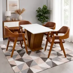 Mesa De Jantar Classic 120x80cm Com Vidro E 4 Cadeiras Perola Em Corino Madeira Cel Moveis 72639
