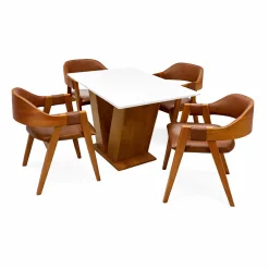 Mesa De Jantar Classic 120x80cm Com Vidro E 4 Cadeiras Perola Em Corino Madeira Cel Moveis Cinamomo Off White Com Tecido Marrom 27087