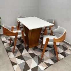 Mesa De Jantar Classic 120x80cm Com Vidro E 4 Cadeiras Perola Em Linho Madeira Cel Moveis 47022
