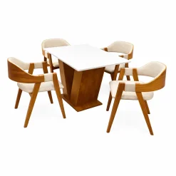 Mesa De Jantar Classic 120x80cm Com Vidro E 4 Cadeiras Perola Em Linho Madeira Cel Moveis Cinamomo Off White Com Tecido Bege 30538