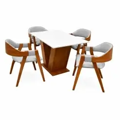 Mesa De Jantar Classic 120x80cm Com Vidro E 4 Cadeiras Perola Em Linho Madeira Cel Moveis Cinamomo Off White Com Tecido Cinza 89436
