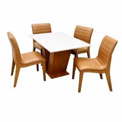 Mesa De Jantar Classic 120x80cm Com Vidro E 4 Cadeiras Sofia Em Corino Estofadas Cel Moveis Cinamomo Off White Com Tecido Caramelo 12611