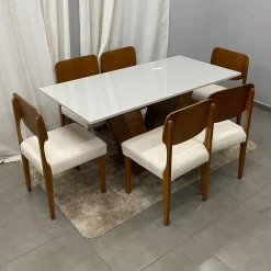 Mesa De Jantar Classic 160x80cm Com Vidro E 6 Cadeiras Barcelona Em Linho Madeira Cel Moveis 15975