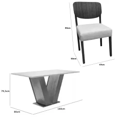 Mesa De Jantar Classic 160x80cm Com Vidro E 6 Cadeiras Barcelona Em Linho Madeira Cel Moveis 66907