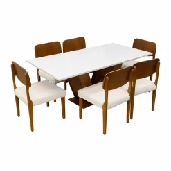 Mesa De Jantar Classic 160x80cm Com Vidro E 6 Cadeiras Barcelona Em Linho Madeira Cel Moveis Cinamomo Off White Com Tecido Bege 89819