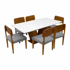 Mesa De Jantar Classic 160x80cm Com Vidro E 6 Cadeiras Barcelona Em Linho Madeira Cel Moveis Cinamomo Off White Com Tecido Cinza 10642
