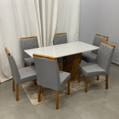 Mesa De Jantar Classic 160x80cm Com Vidro E 6 Cadeiras California Em Linho Estofadas Cel Moveis 72650