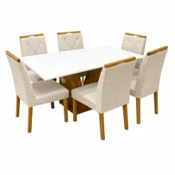 Mesa De Jantar Classic 160x80cm Com Vidro E 6 Cadeiras California Em Linho Estofadas Cel Moveis Cinamomo Off White Com Tecido Bege 24600