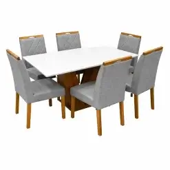 Mesa De Jantar Classic 160x80cm Com Vidro E 6 Cadeiras California Em Linho Estofadas Cel Moveis Cinamomo Off White Com Tecido Cinza 52900