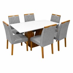 Mesa De Jantar Classic 160x80cm Com Vidro E 6 Cadeiras California Em Veludo Estofadas Cel Moveis Cinamomo Off White Com Tecido Cinza 57389