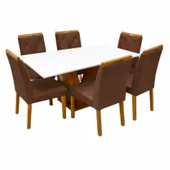 Mesa De Jantar Classic 160x80cm Com Vidro E 6 Cadeiras California Em Veludo Estofadas Cel Moveis Cinamomo Off White Com Tecido Marrom 99290