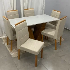 Mesa De Jantar Classic 160x80cm Com Vidro E 6 Cadeiras Giulia Em Linho Estofadas Cel Moveis 59852