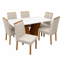 Mesa De Jantar Classic 160x80cm Com Vidro E 6 Cadeiras Giulia Em Linho Estofadas Cel Moveis Cinamomo Off White Com Tecido Bege 93768