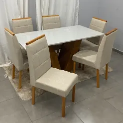 Mesa De Jantar Classic 160x80cm Com Vidro E 6 Cadeiras Giulia Em Veludo Estofadas Cel Moveis 89113
