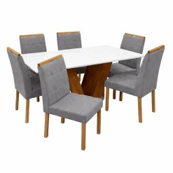 Mesa De Jantar Classic 160x80cm Com Vidro E 6 Cadeiras Giulia Em Veludo Estofadas Cel Moveis Cinamomo Off White Com Tecido Cinza 16503